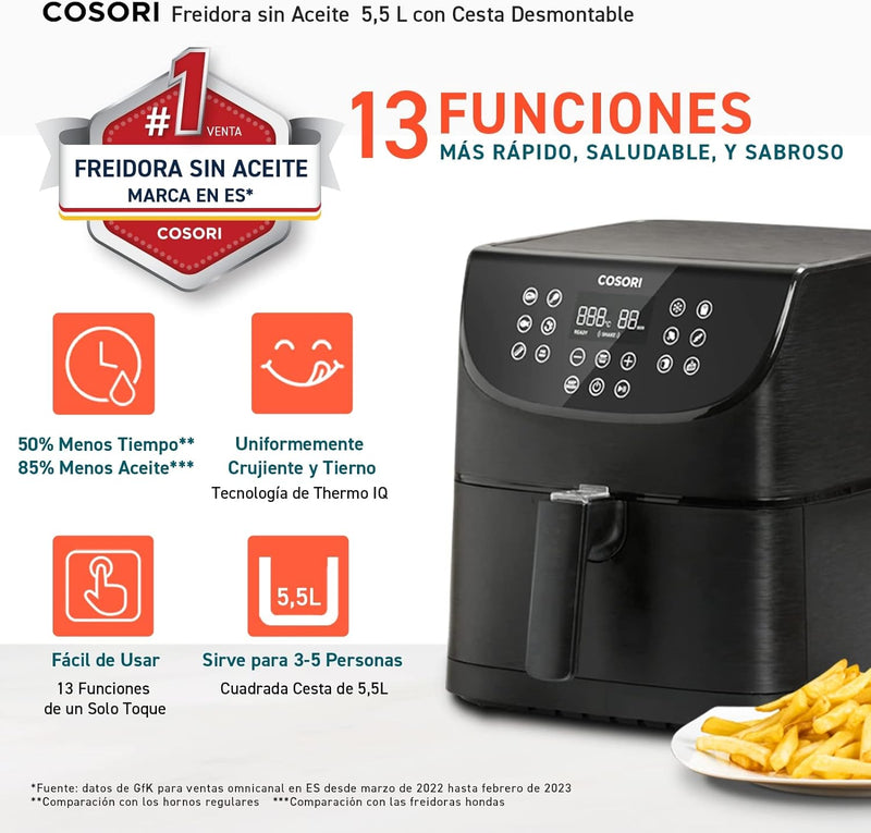 COSORI Freidora de Aire 5,5 L, Air Fryer con 100 Recetas en Español, F